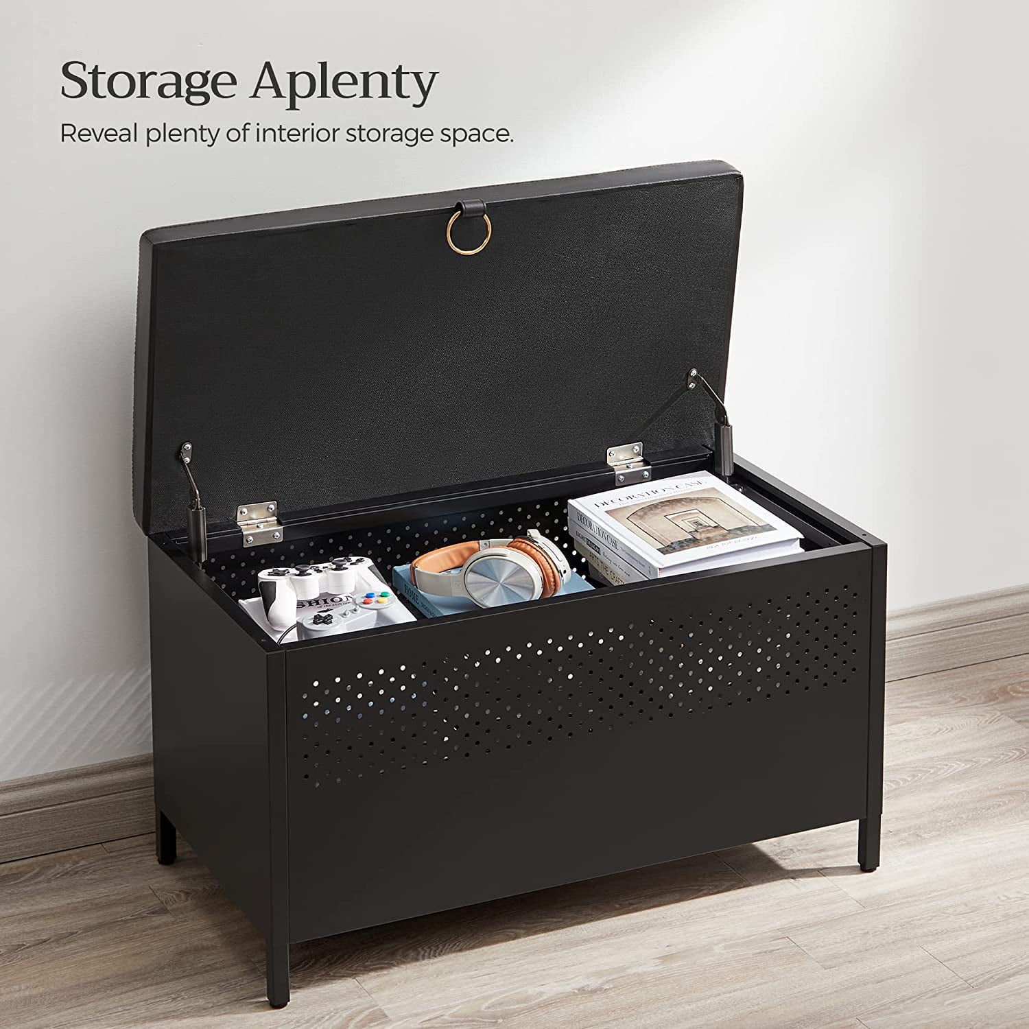 Storage Bench, Flip Top Storage Ottoman with 2 Safety Hinges, Sturdy Storage Chest with Cushion, for Entryway, Bedroom, Matte Black