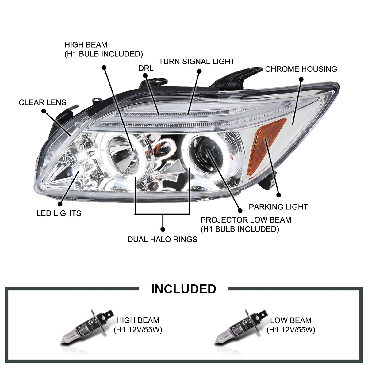 Spec-D Tuning LED Halo Chrome Housing Clear Lens Projector Headlights Compatible with 2005-2010 Scion tC Left + Right Pair Headlamps Assembly