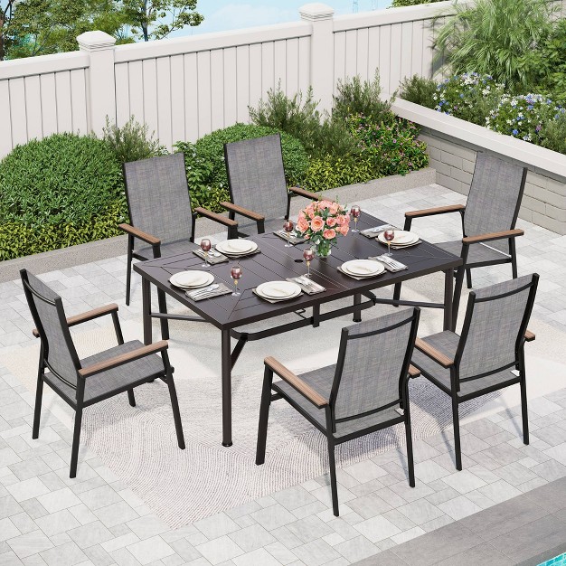 7pc Outdoor Dining Set With Aluminum Chairs amp Large Rectangle Metal Table With Umbrella Hole Gray Captiva Designs