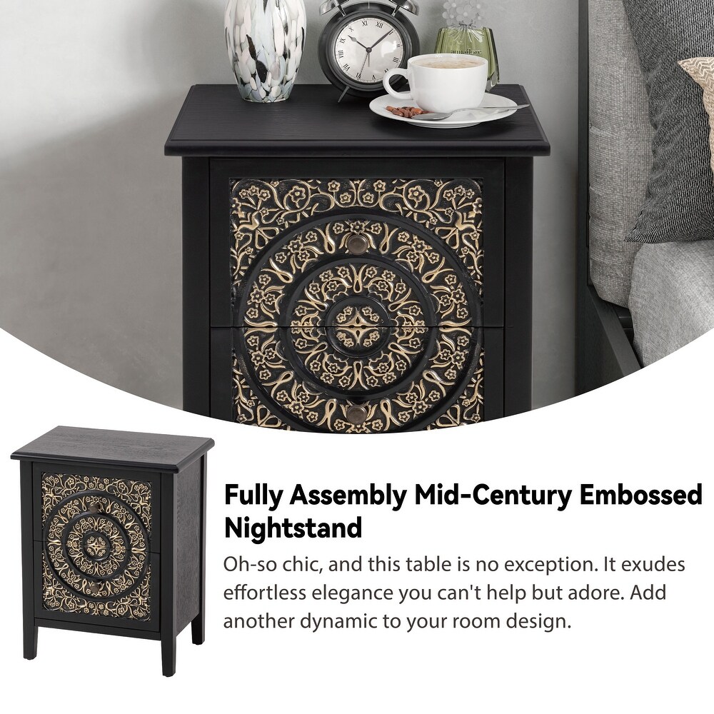 COZAYH Farmhouse Fully Assembled Nightstand with 2 Drawer  Flower Motif End Table for Small Spaces  French Country