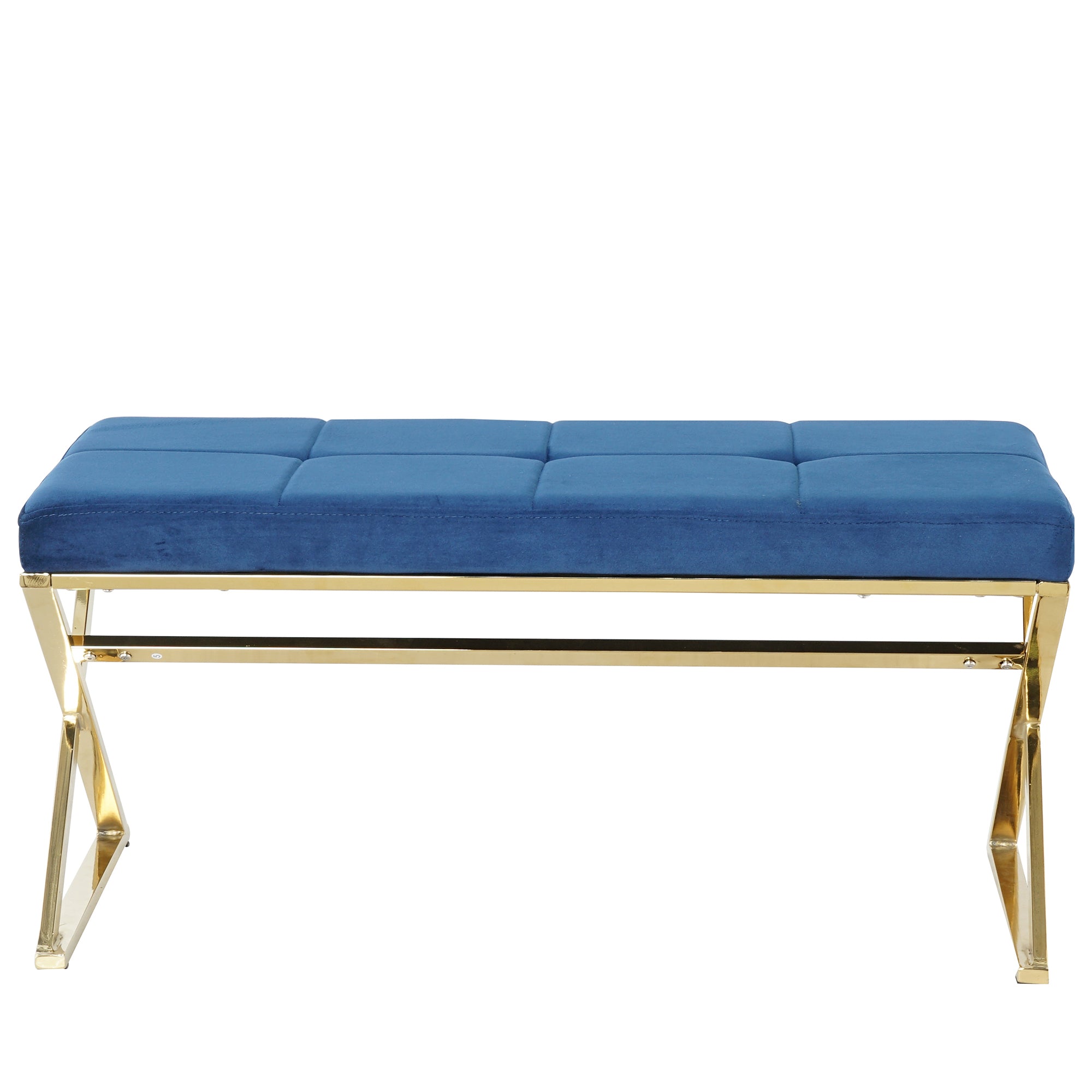 Mid-Century Modern Ottoman Bench with Padded Seat and Gold Metal Legs, Upholstered Entryway Bench Shoe Bench, Velvet Fabric End of Bed Bench for Bedroom Living Room Hallway More, Blue