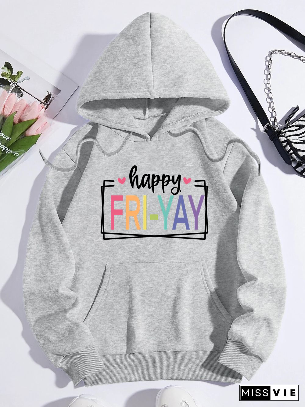 Printed on front Kangaroo Pocket Hoodie Long Sleeve for Women Pattern Happy friyay