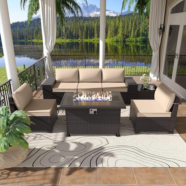 Kullavik 7 Pieces Rattan Outdoor Patio Furniture Sofa Set with Firepit