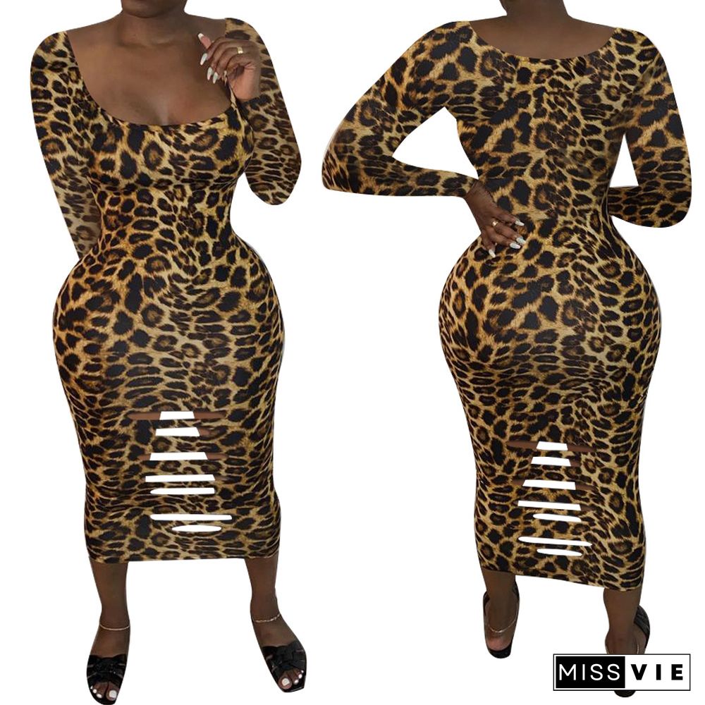 Leopard Print Cut Out U-neck Long Sleeve Dress