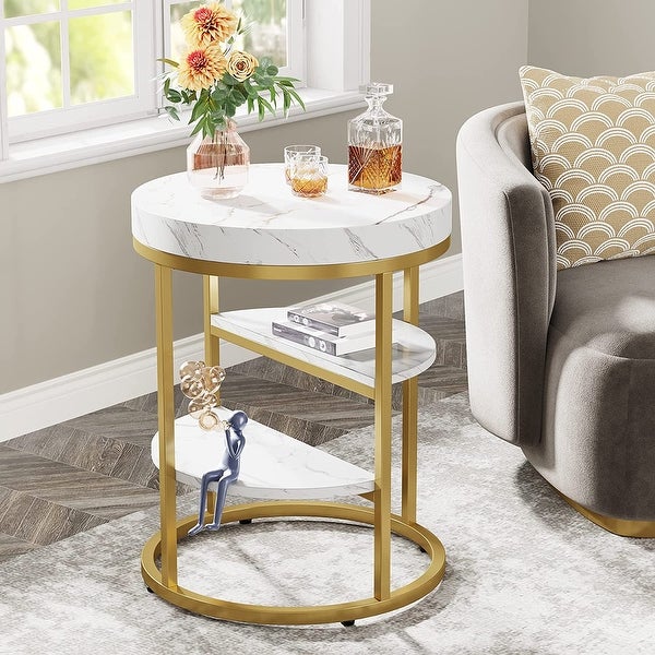 Round End Table White Gold Nightstand Modern Bedside Table for Bedroom