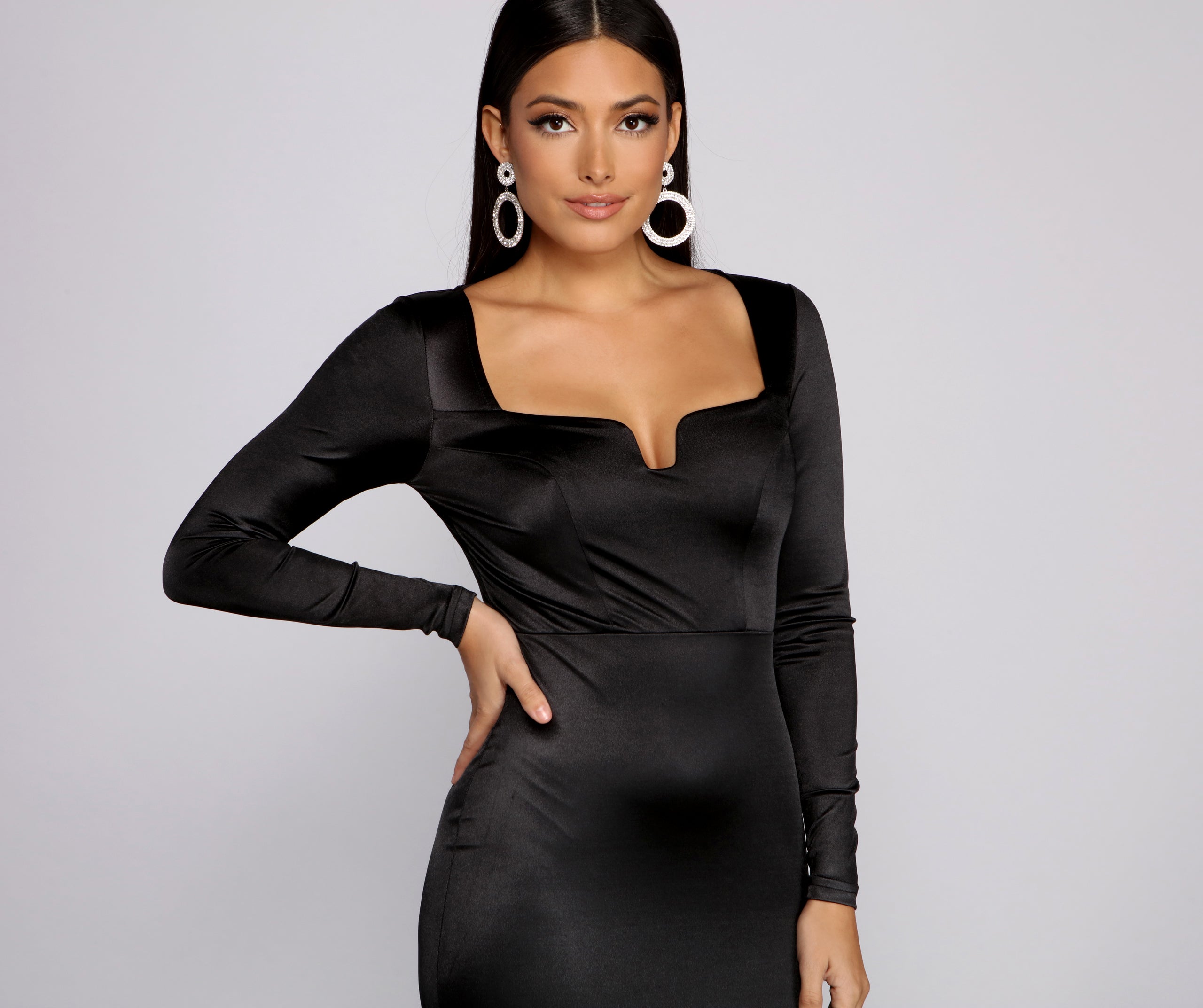 Addison Stretch Satin Long Sleeve Midi Dress