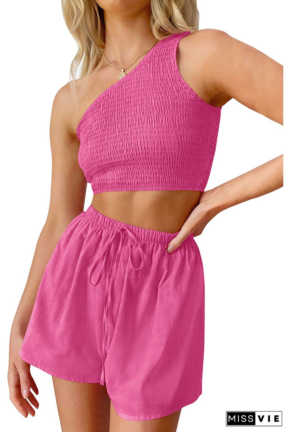 One Shoulder Smocked Crop Top with Elastic Waist Shorts 2pcs Set