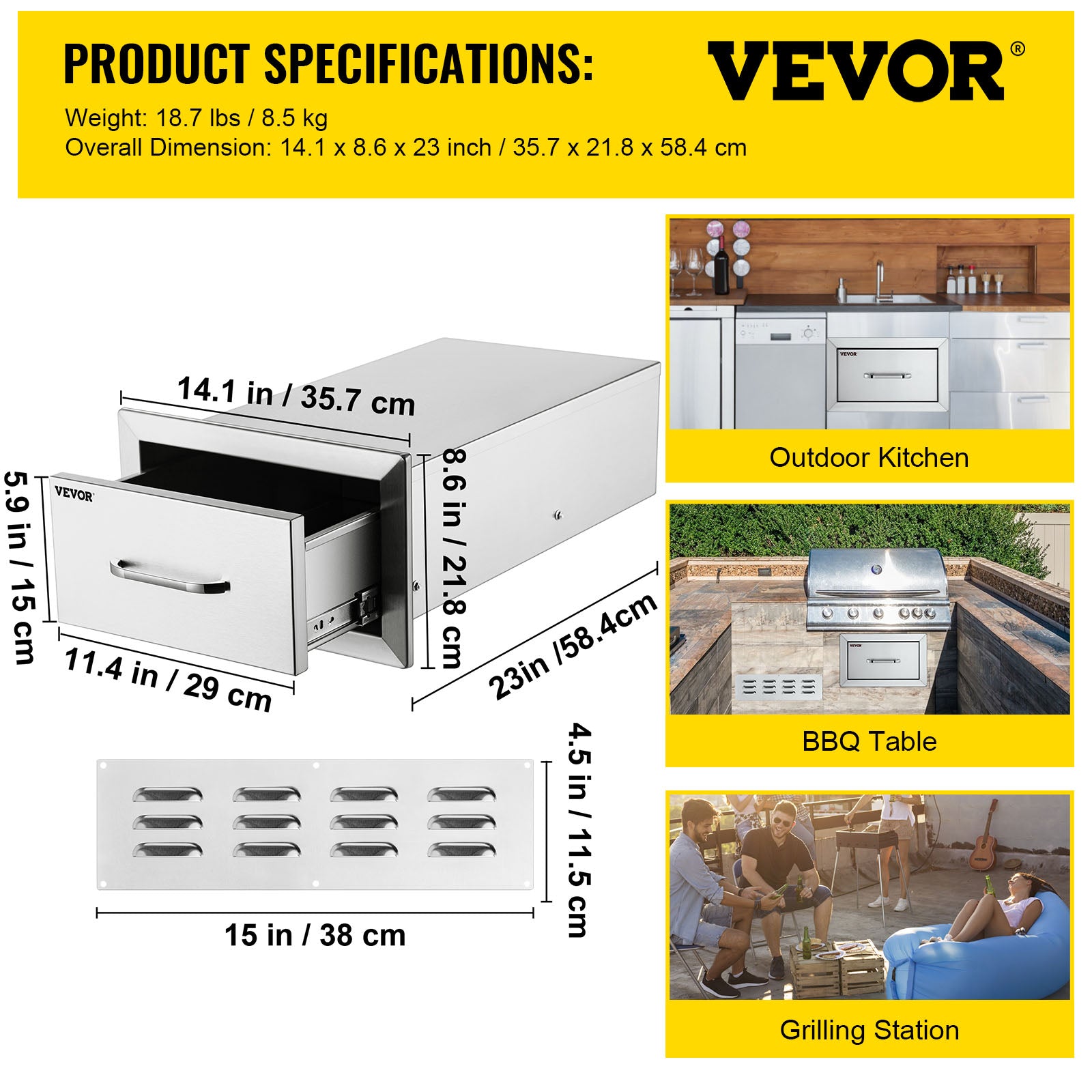 VEVOR 14x8.5 inch Outdoor Kitchen Drawers Stainless Steel, Flush Mount Double Drawers,14W x 8.5H x 23D Inch, with Stainless Steel Handle, BBQ Drawers for Outdoor Kitchens or BBQ Island