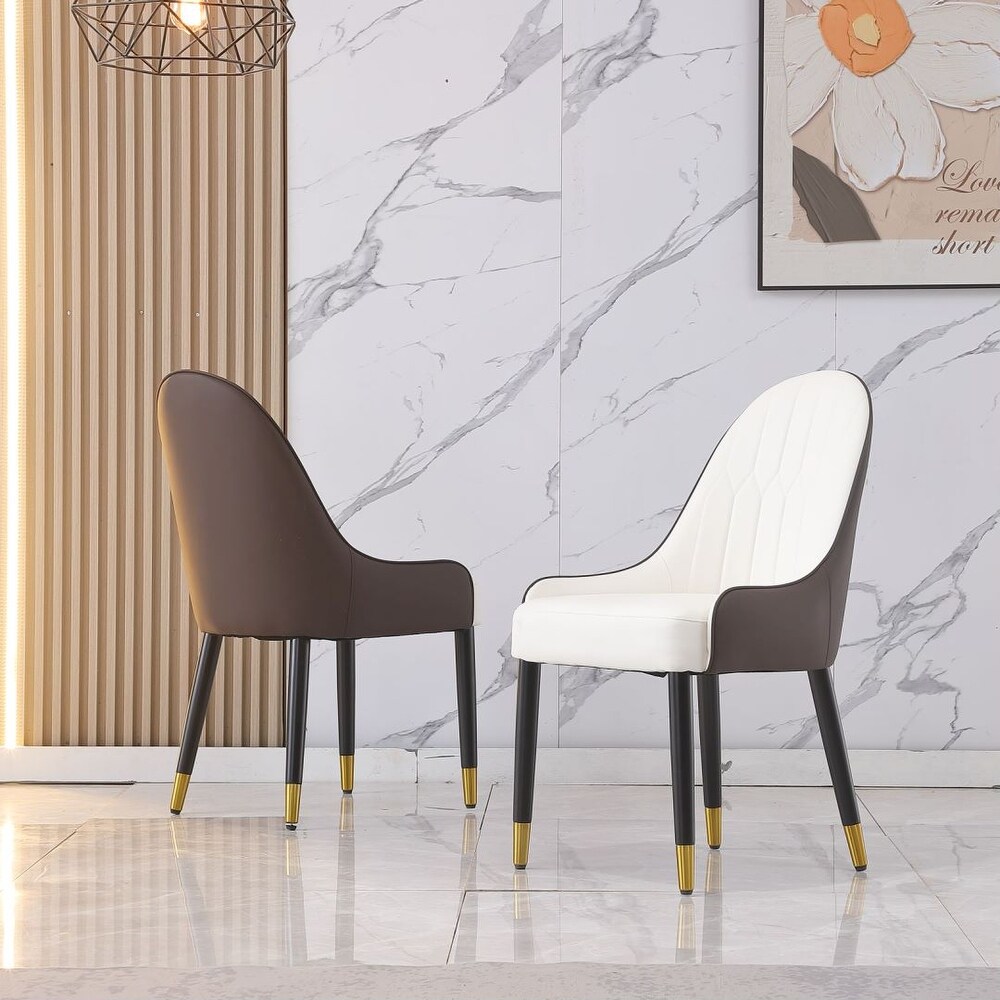 Beige Set of 2 Dining Chair with PU Leather White solid wood metal legs