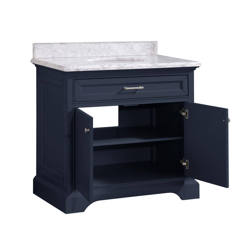 Home Decorators Collection Windlowe 37 in. W x 22 in. D x 35 in. H Bath Vanity in Navy Blue with Carrara Marble Vanity Top in White with White Sink 15101-VS37C-NB