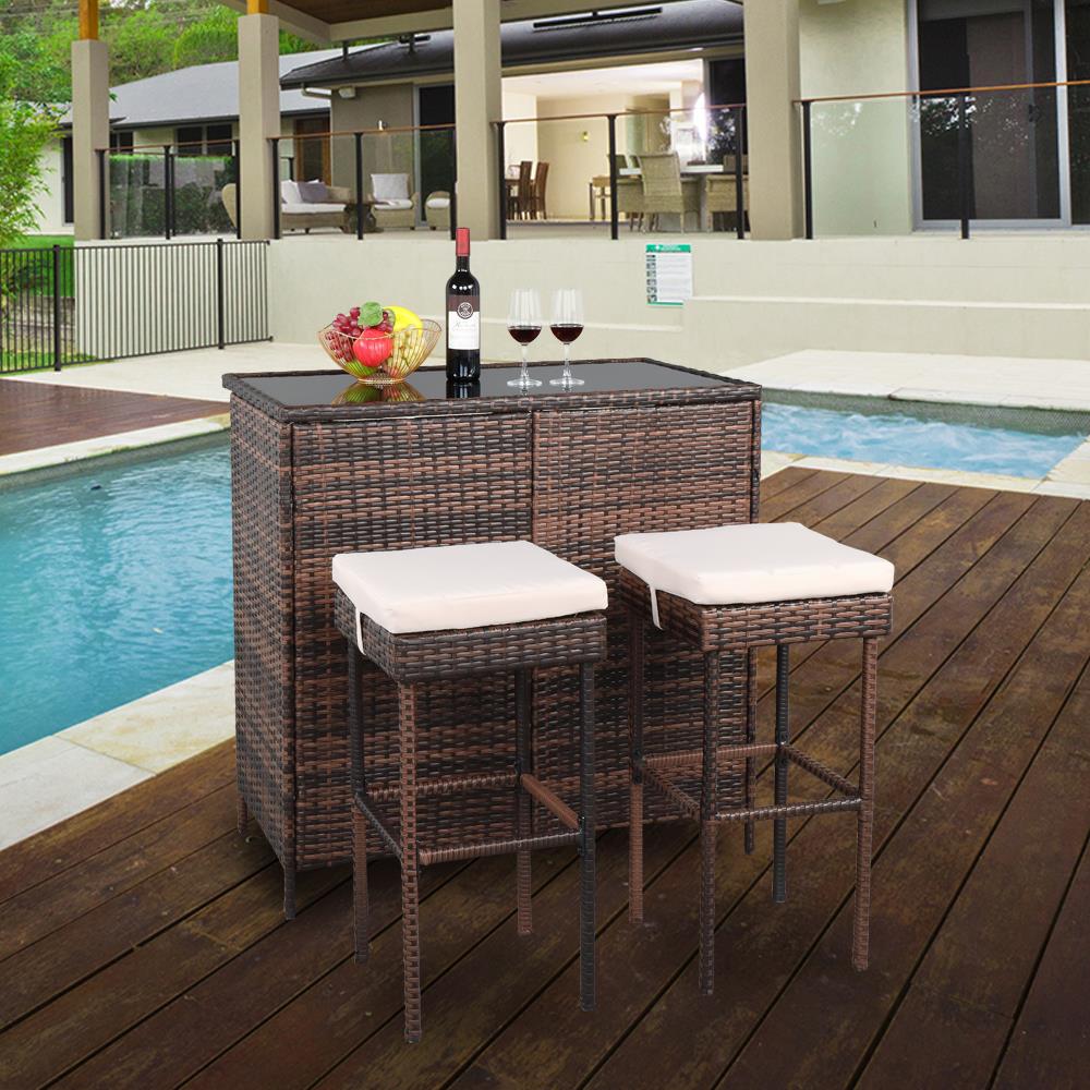 GoDecor 3 pcs Patio Outdoor Rattan Wicker Bar Set， Brown