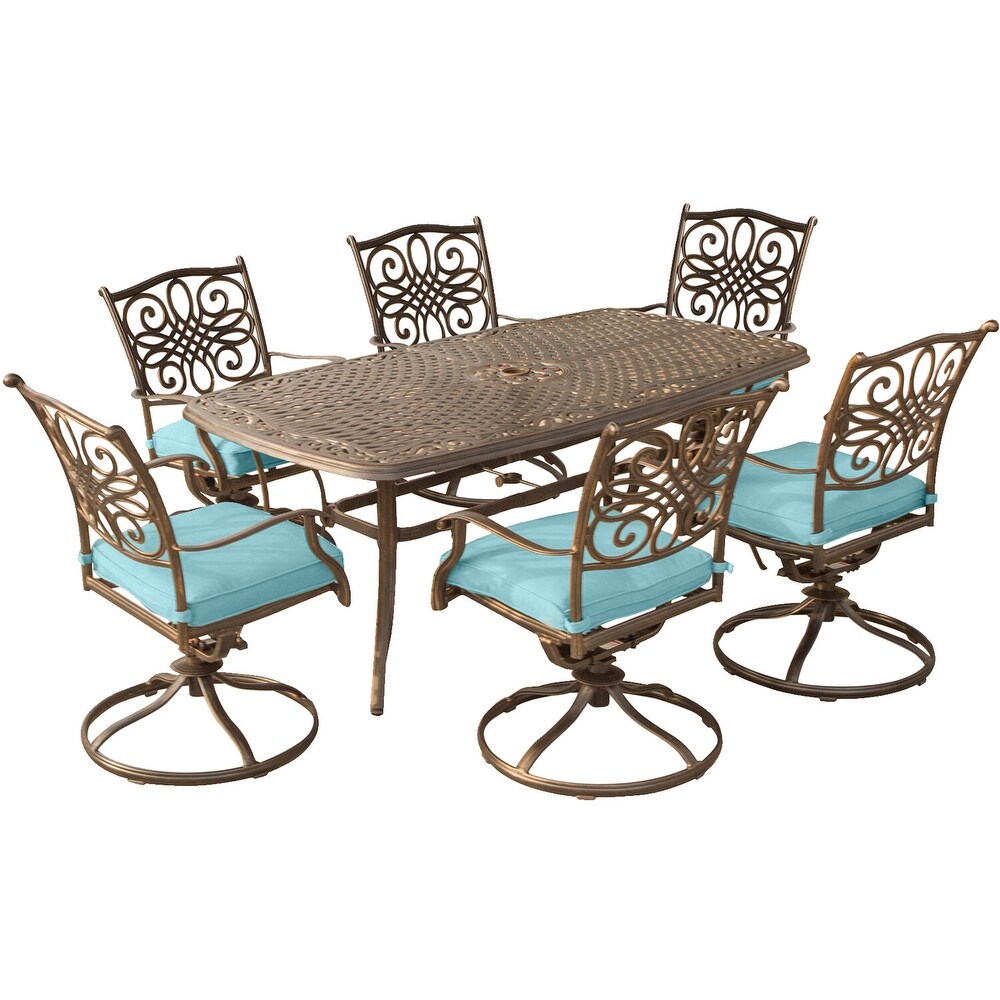 Hanover Traditions 7 pc. Bronze tone Aluminum Dining Set w/ Blue Cushions and Cast top Table