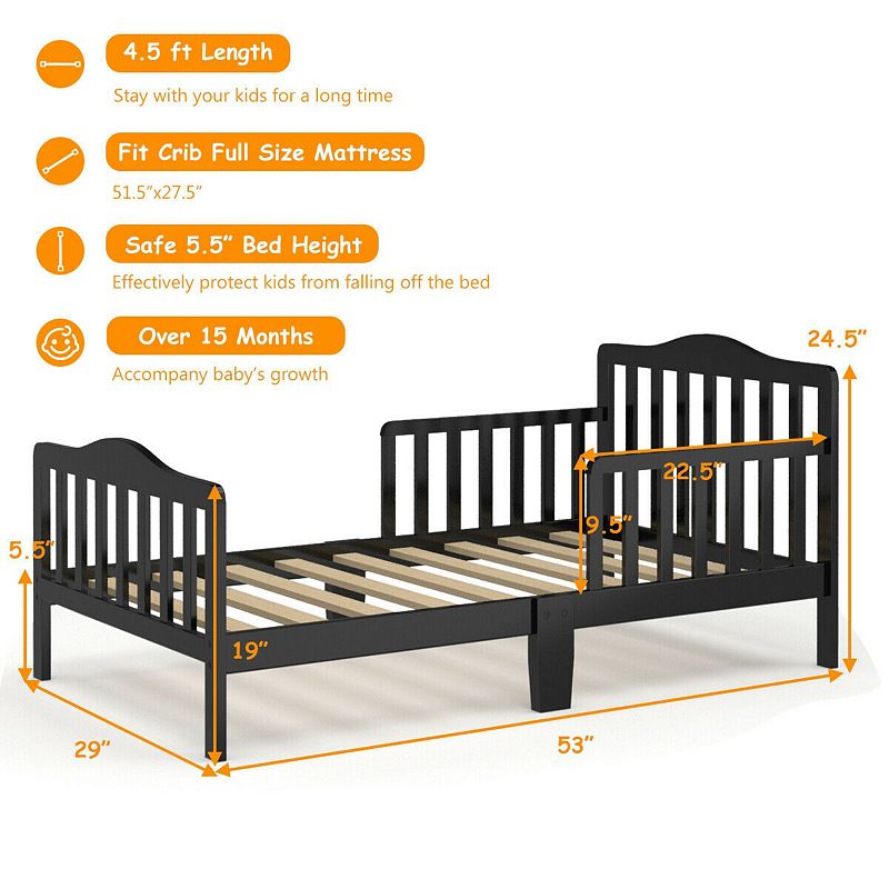 Classic Design Kids Wood Toddler Bed Frame with Two Side Safety Guardrails