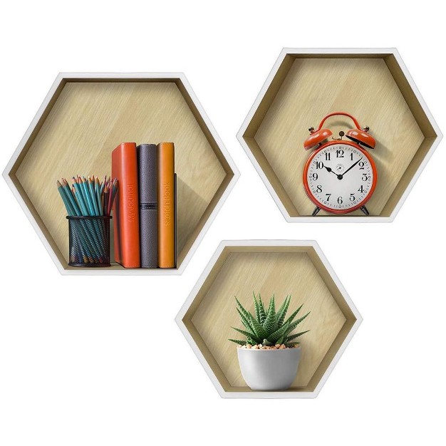 Set Of 3 Sorbus Floating Shelf Hexagon Set Honeycomb Decorative Hanging Display For Collectibles Photos Frames Plants And More white