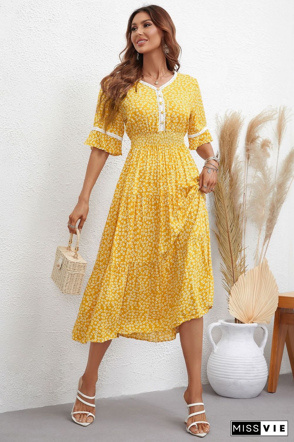 Elegant Floral Print Dress Women Summer Dresses New V-Neck Short Flared Sleeve Single-Breasted Ruffle Midi Dress