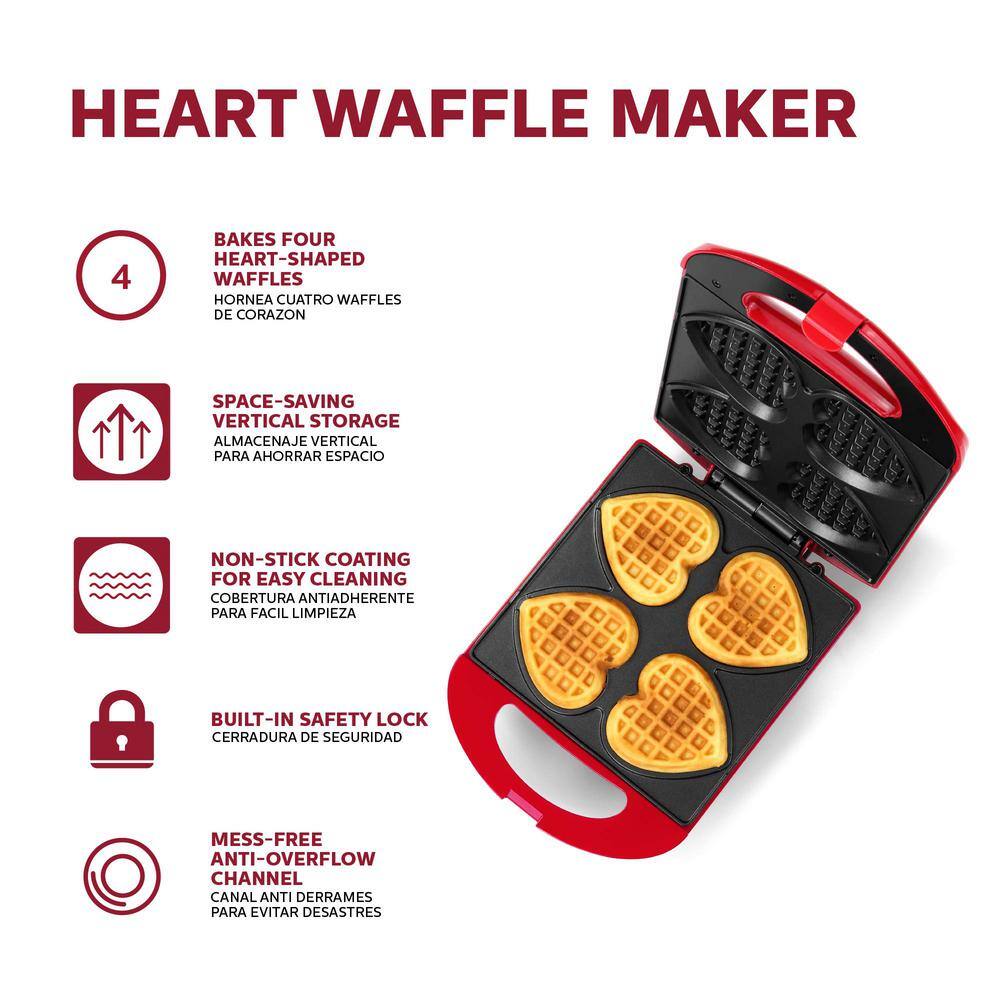 HOLSTEIN HOUSEWARES Heart-Shaped 4-Waffle Red American Waffle Maker with Recipe Booklet HF-09031R