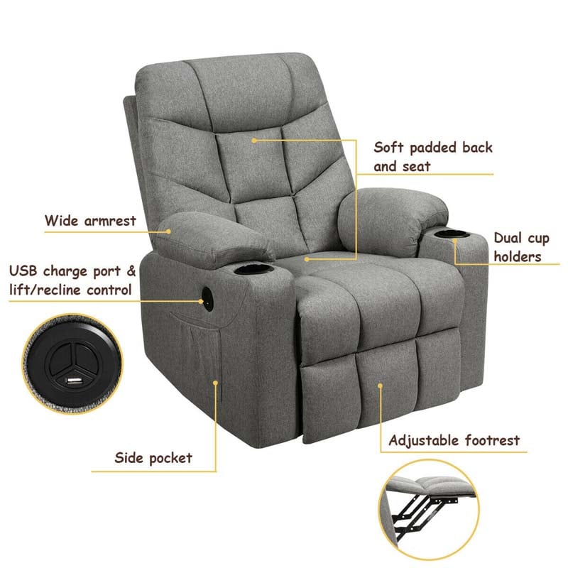 Heated Power Lift Recliner Fabric Massage Reclining Sofa, Elderly Lift Chair with 8 Point Massage, 2 Side Pockets Cup Holders, USB Port