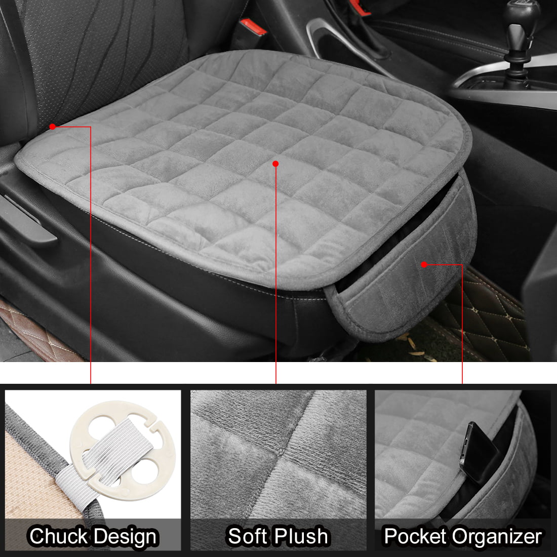 2pcs Front Car Seat Cover Breathable Plush Pad Chair Cushion Universal Gray