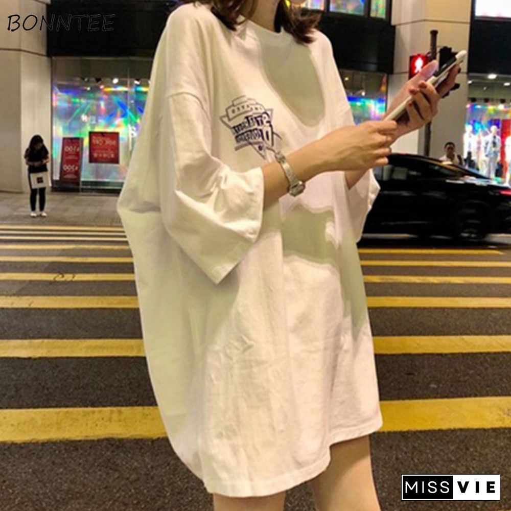 T-Shirts Women Half Sleeve O-Neck Lengthen Loose Streetwear Letter Printing Chic Summer Clothing Harajuku Soft Thin All-Match