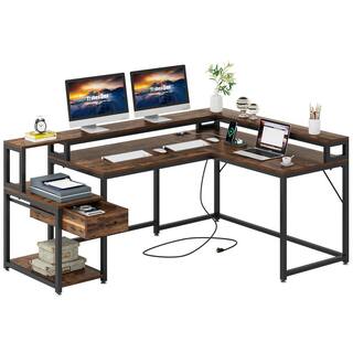 TRIBESIGNS WAY TO ORIGIN Perry 68 in. L Shaped Brown Wood 1-Drawer Computer Desk with Power Outlets and Monitor Stand C-G073