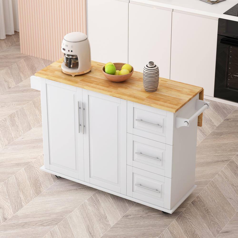 White Solid Wood Top 43.3 in. W Kitchen Island on 4-Wheels with 3-Drawers and 2-Door Cabinet VJ032KIsland11