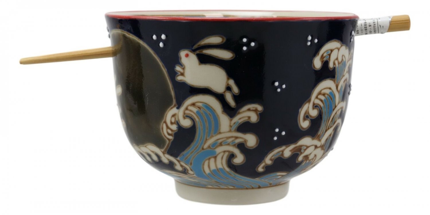 1 Rabbits Jumping Over The Full Moon Porcelain Ramen Soup Bowl With Chopsticks Set EBR02