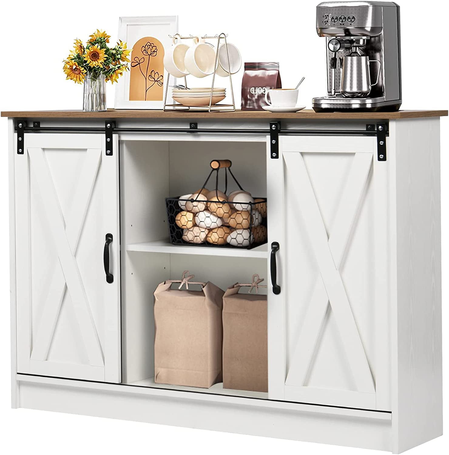 Catrimown Coffee Bar Cabinet ， 42” Kitchen Buffet Sideboard Cabinet， Farmhouse  Sliding Barn Doors， 4 Adjustable Shelves， White