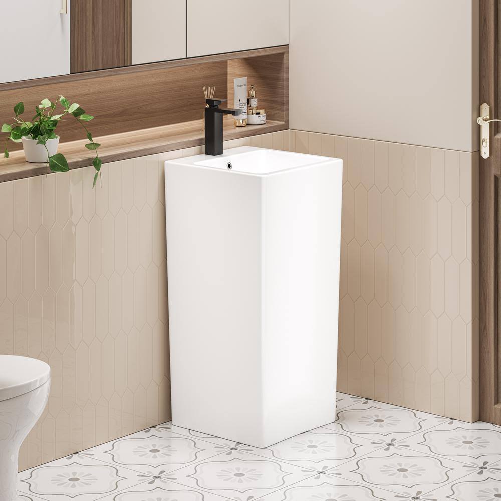 Eridanus Turner Vitreous China 33 in. Tall Square Free Standing Pedestal Sink with Faucet Hole and Overflow in Crisp White ERI-PB-402