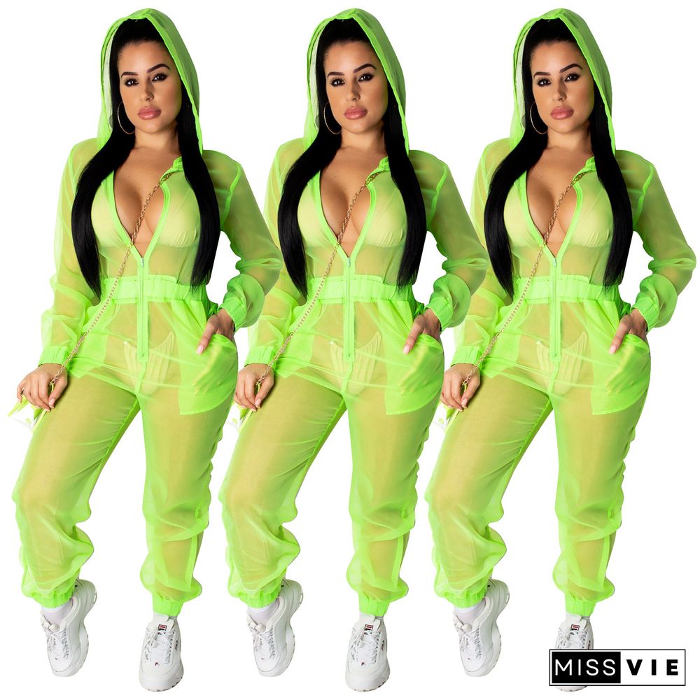 Sexy Sheer Mesh Yarn Hooded Jumpsuit