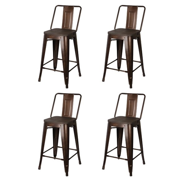 24 inch High Back Metal Stool with Dark Wooden Seat-Set of 4