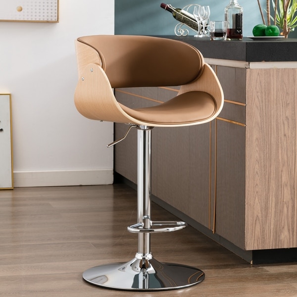 Adjustable Ecru Bent Wood Swivel Bar Stool， PU Leather