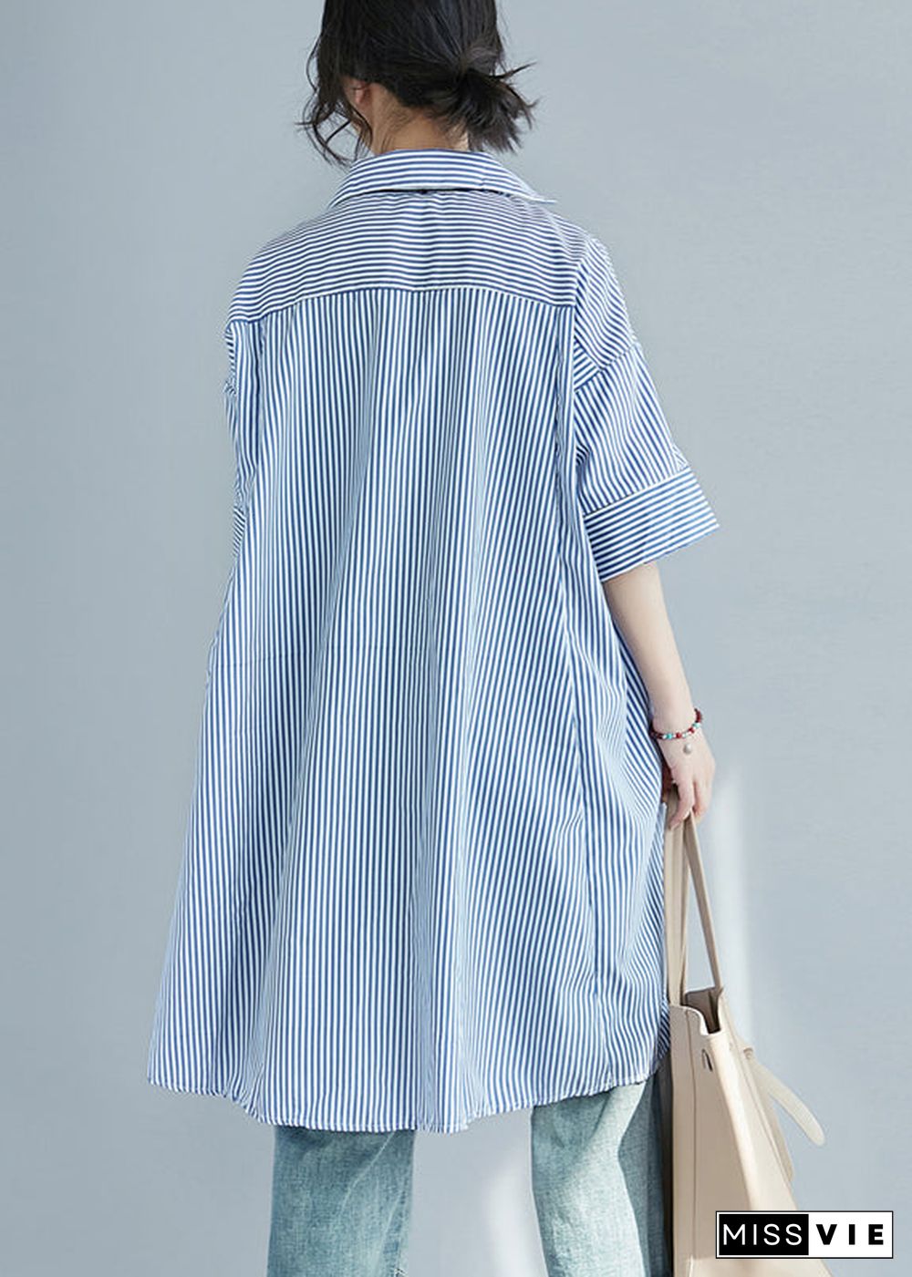 Blue Striped Cotton Shirt Dress Oversized Side Open Summer