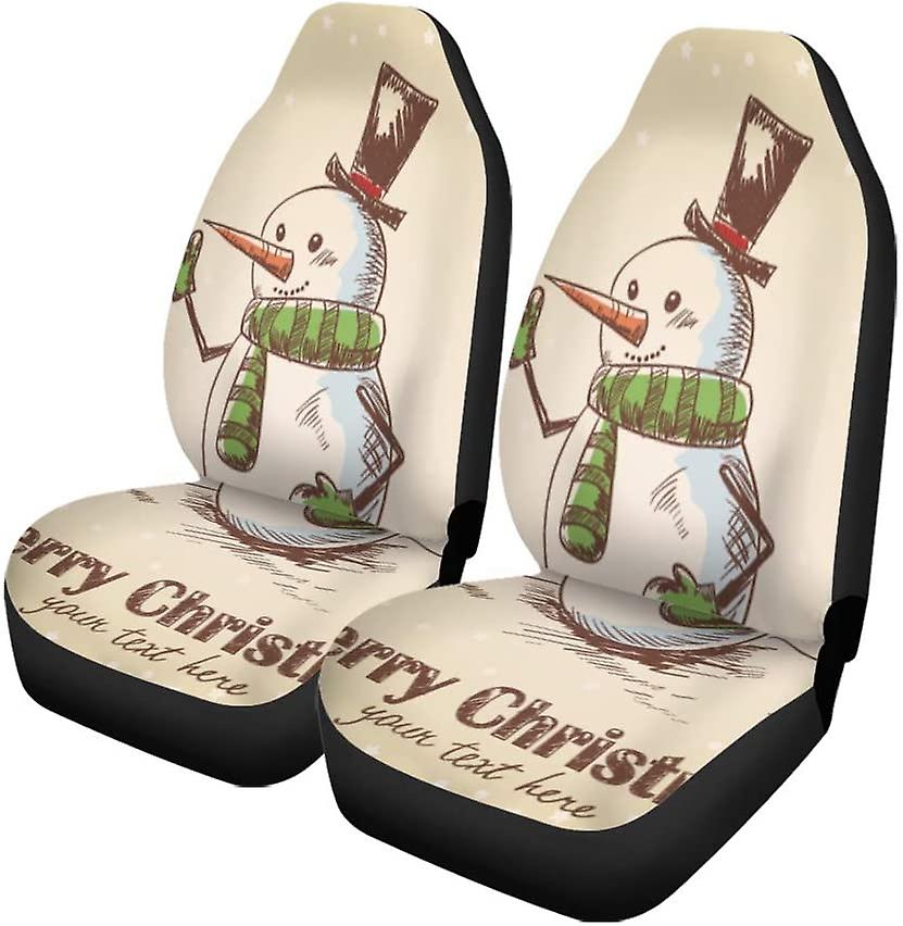 Set Of 2 Car Seat Covers Creative Vintage Christmas Card Funny Smiling Snowman Wearing Scarf Mittens A Hat Auto Front Seats Protector