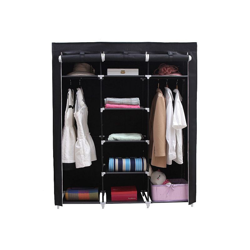 Portable Clothes Closet Non-woven Fabric Wardrobe Double Rod Storage Organizer， Black， 59-inch