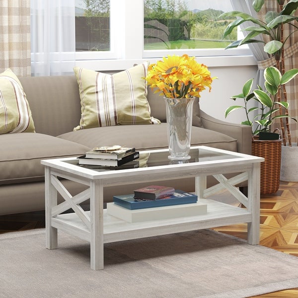 Traditional Coffee Table w/Wood Frame， Tempered Glass Tabletop， White Oak