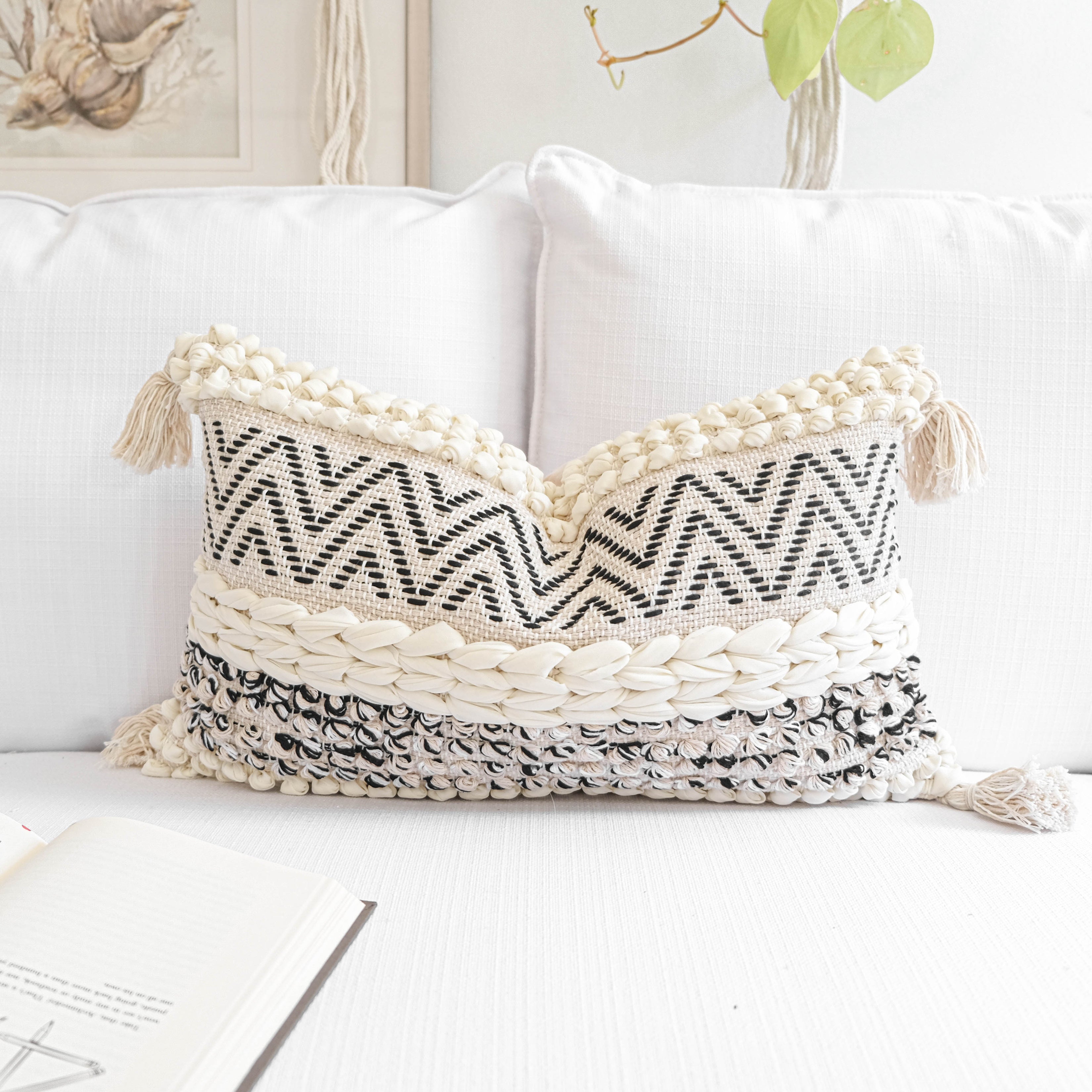 a boho textured lumbar throw pillow 12x20, cream and black color pillow cover (1 piece, cover only)