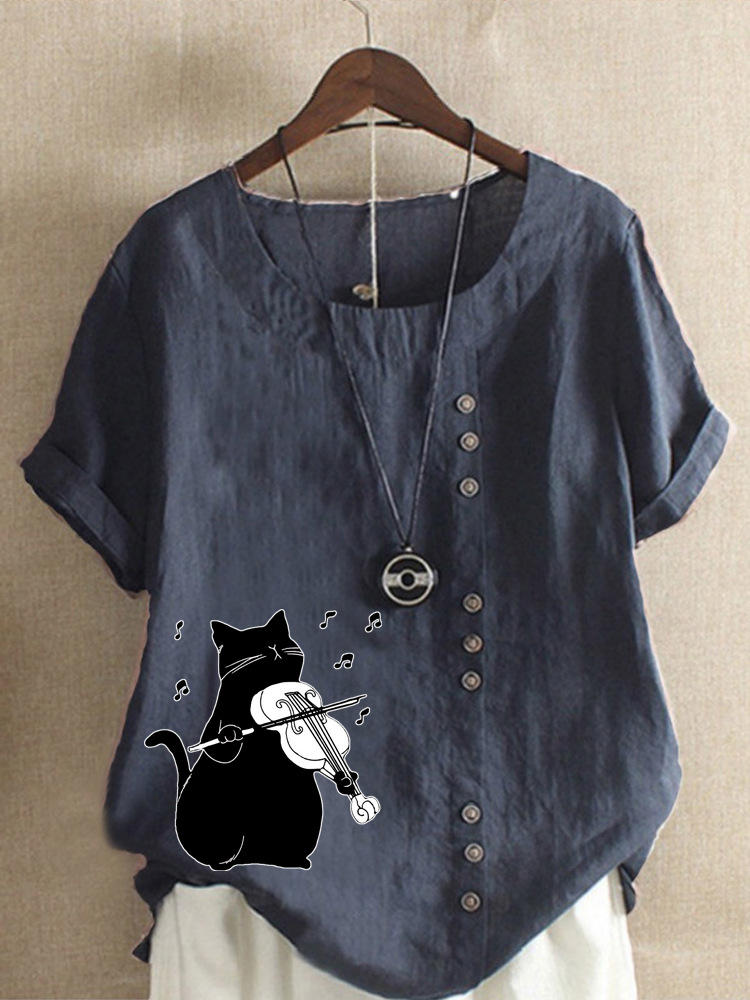 Round Neck Casual Loose Cat Print Short Sleeve Blouse