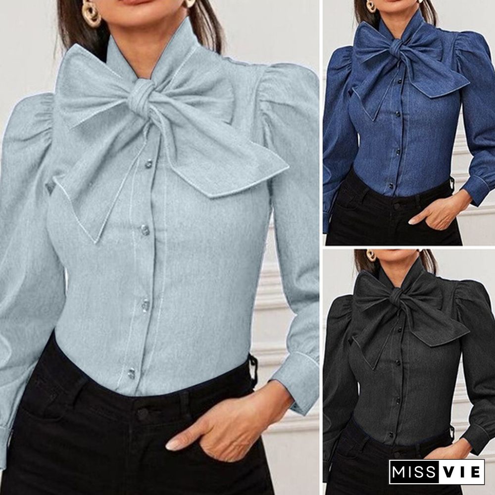 Women Long Sleeve Shirt Elegant Blouse Tunic Bow Tie Denim T-Shirts Plus Size