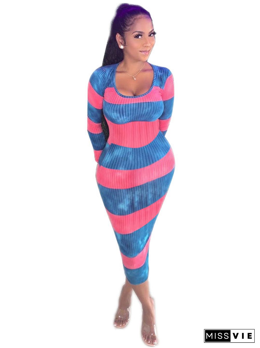 Ribbed Knitted Long Sleeve Striped Maxi Dress