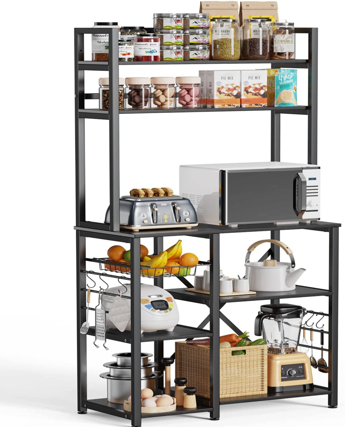 Aiho Home Kitchen 5 Tier Baker's Rack with Basket， Side Hooks - Black