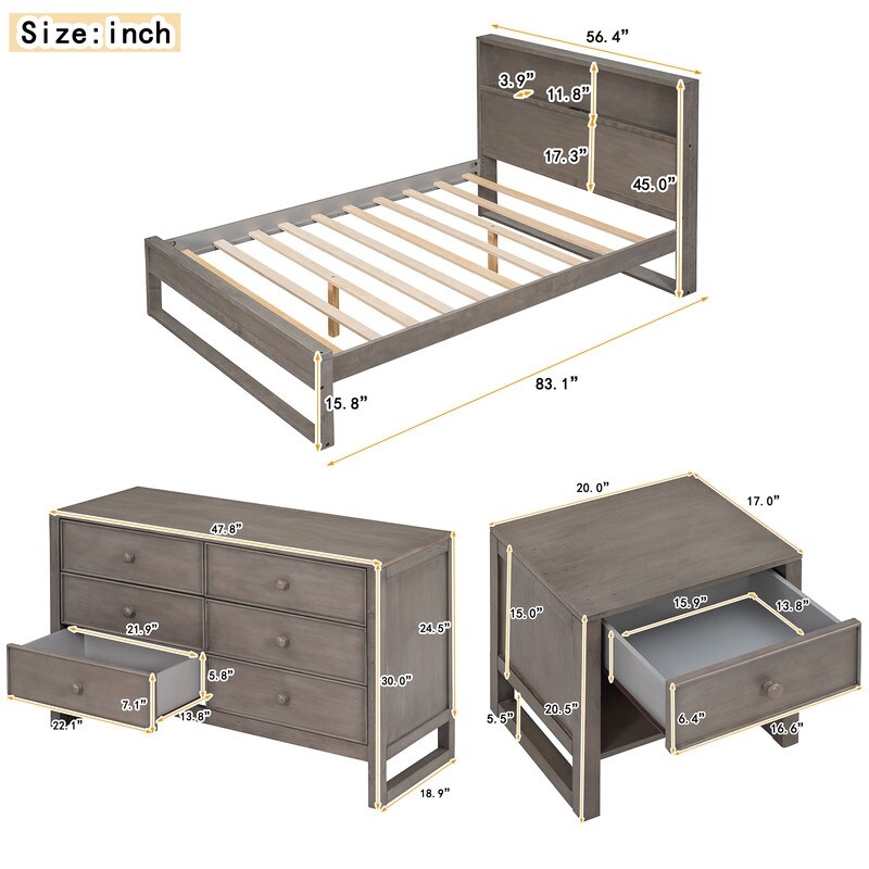 3 Pieces Bedroom Sets Full Size Platform Bed with Nightstand and Dresser