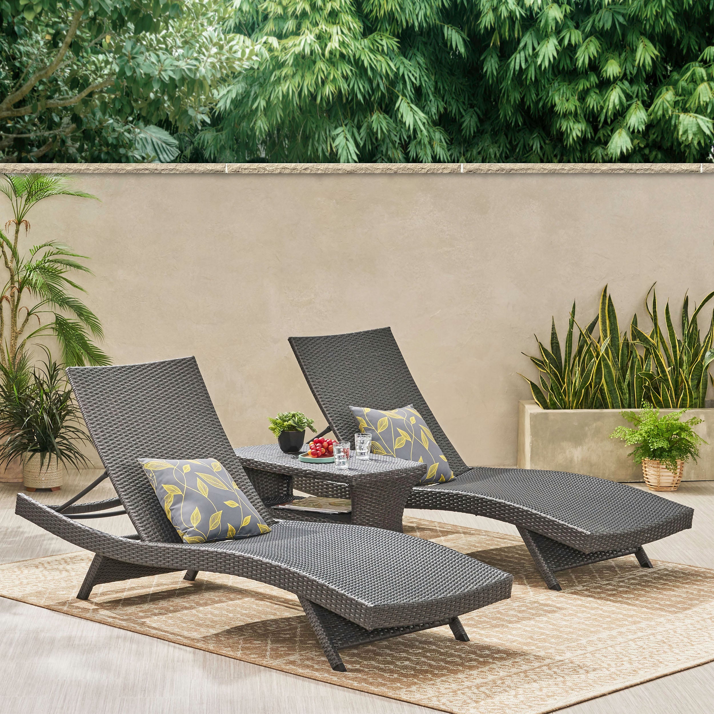 Lakeport Outdoor 3 Piece Grey Wicker Chaise Lounge Set with Table