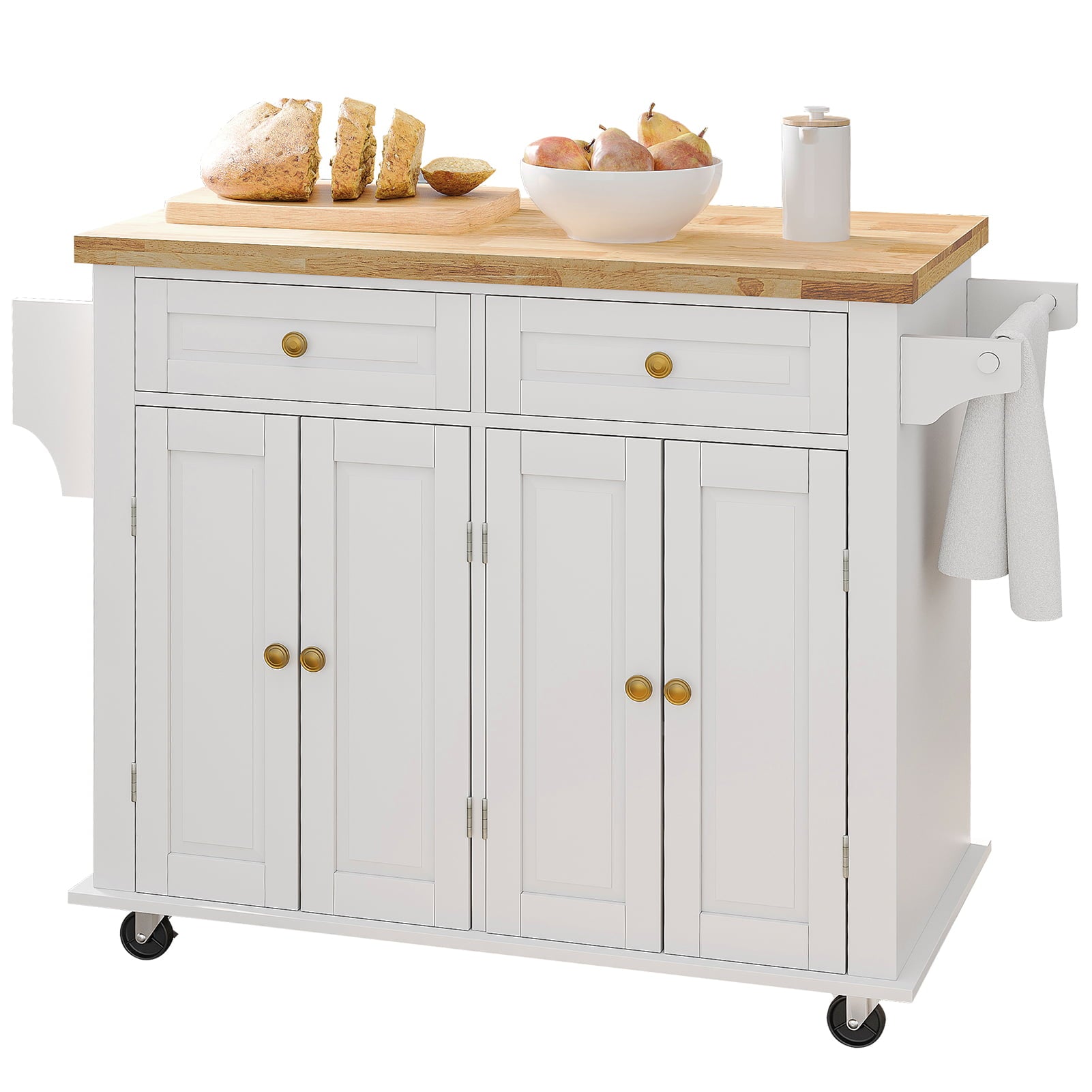 CAIDI Rolling Kitchen Island， Kitchen Cart with Rubber wood Countertop， Lockable Casters， Adjustable Shelves， Matte(White-43.3