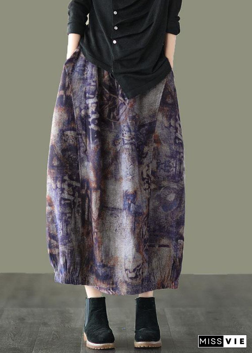 Plus Size Grey Purple Retro Print A Line Pockets Fall Skirts