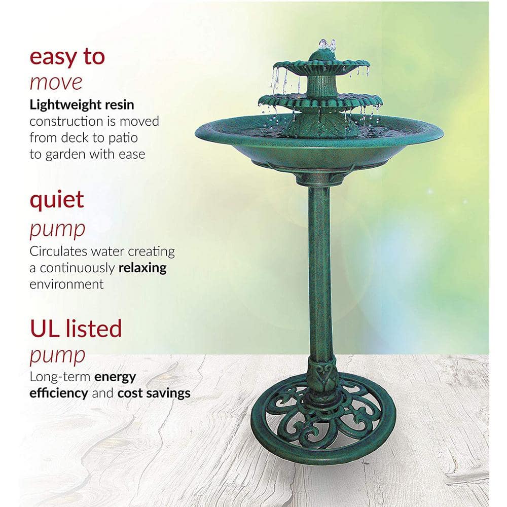 Alpine Corporation 35 in. Tall Outdoor 3-Tiered Pedestal Water Fountain and Birdbath, Green TEC106