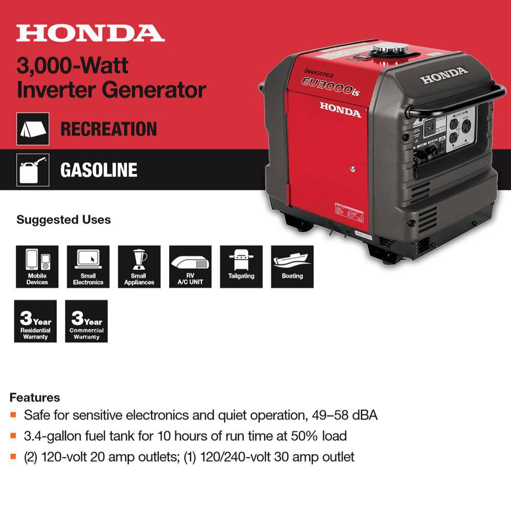 Honda 3000-Watt Super Quiet Electric and Recoil Start Gasoline Powered Inverter Generator with 30 Amp Outlet EU3000IS1AN