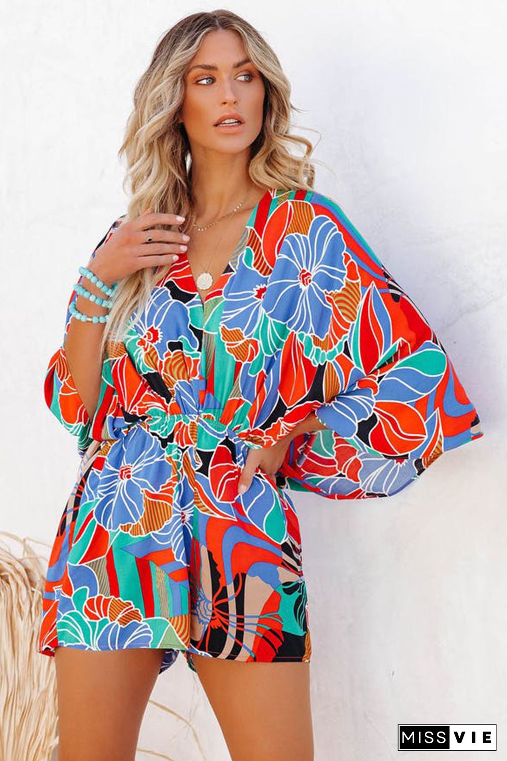 Multicolor Floral Print V Neck Kimono Sleeve Romper