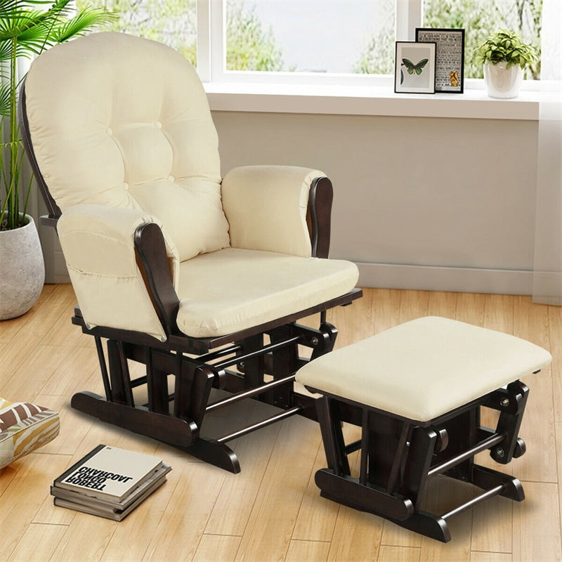 Wood Baby Glider Rocking Chair Nursery Chair with Gliding Ottoman & Storage Pocket