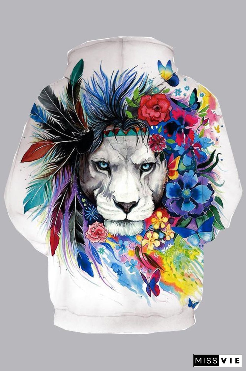 Street 3D White Digital Lion Printed Hooded Sweatshirt