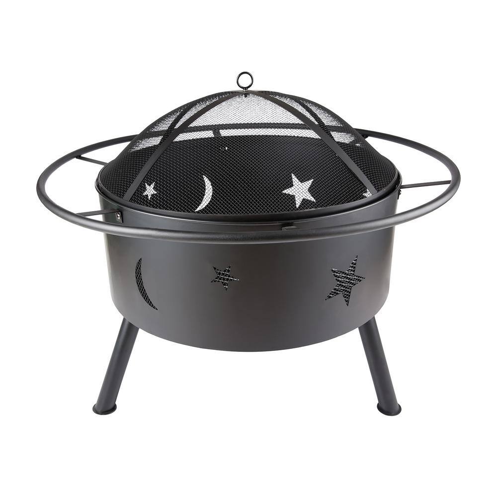 Tidoin 32 in. Outdoor Metal Burning Wood Black Fire Pit with Cover and Poker HS-YDYL-32D